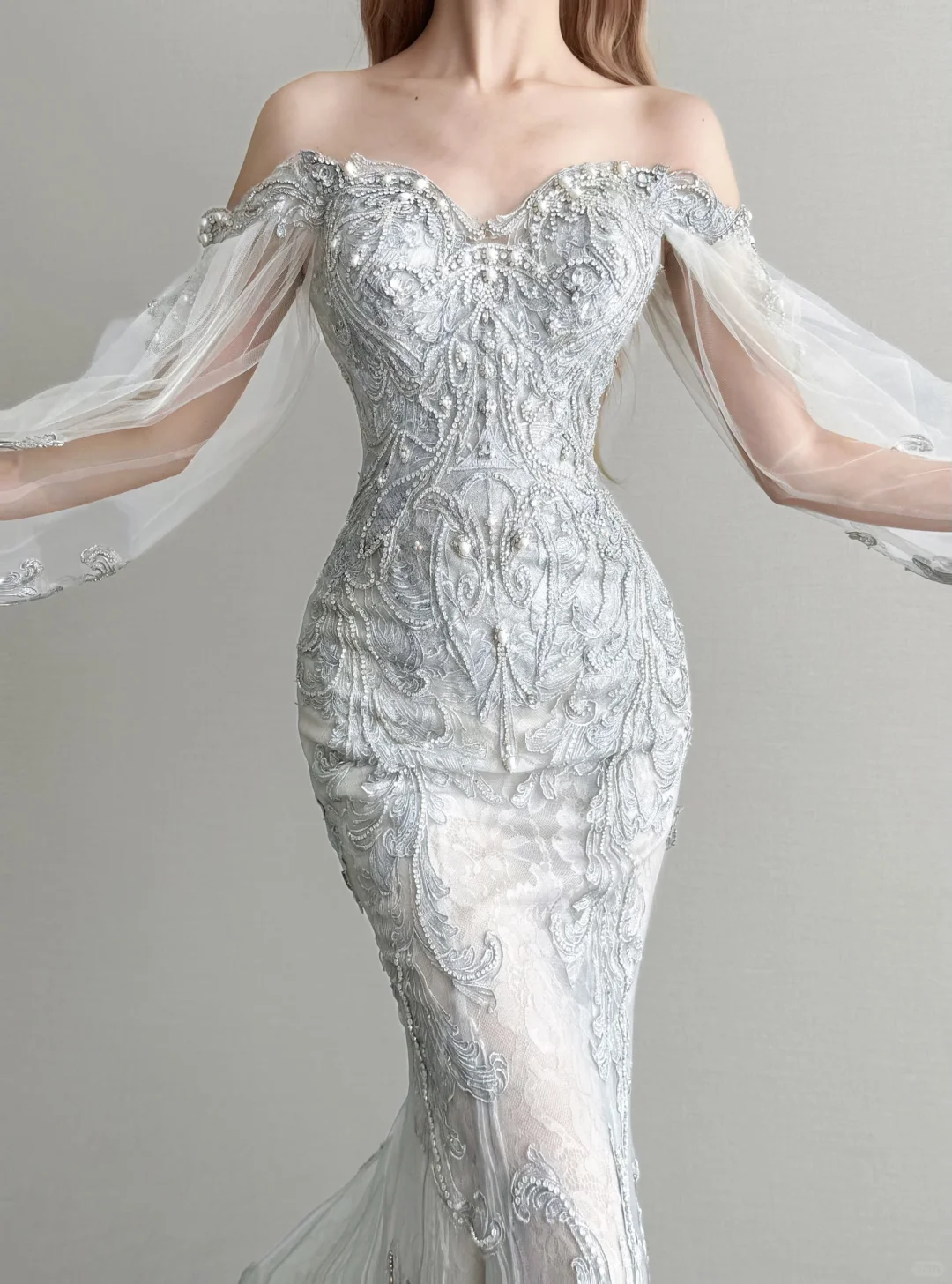 Silver Grey Off Shoulder Prom Gown Detachable Sheer Puff Sleeve Beaded Lace Mermaid Long Train Evening Dress  NV7160