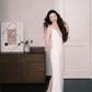 White Halter Grid Beaded Fringe Evening Gown  NV7224