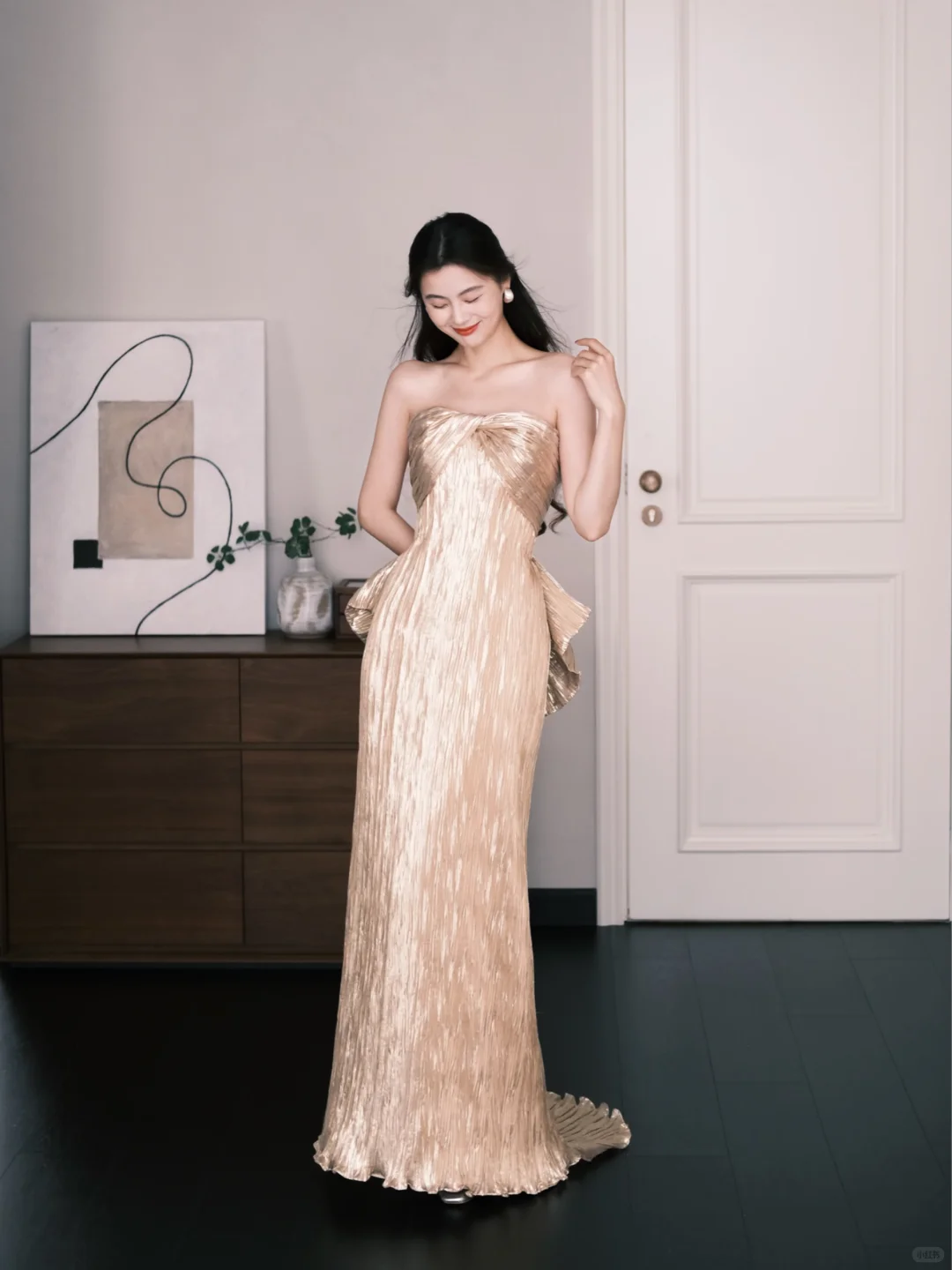 Champagne Gold Strapless Metallic Prom Dress Big Bow Evening Gown  NV7221