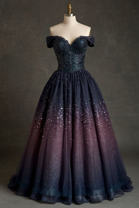 Robe de bal longue en tulle dégradé à motifs d'étoiles NiceVestidos, scintillante NV6158