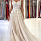 Champagne A-Line Lace Long Prom Dresses, Champagne Formal Evening Dresses nv1525