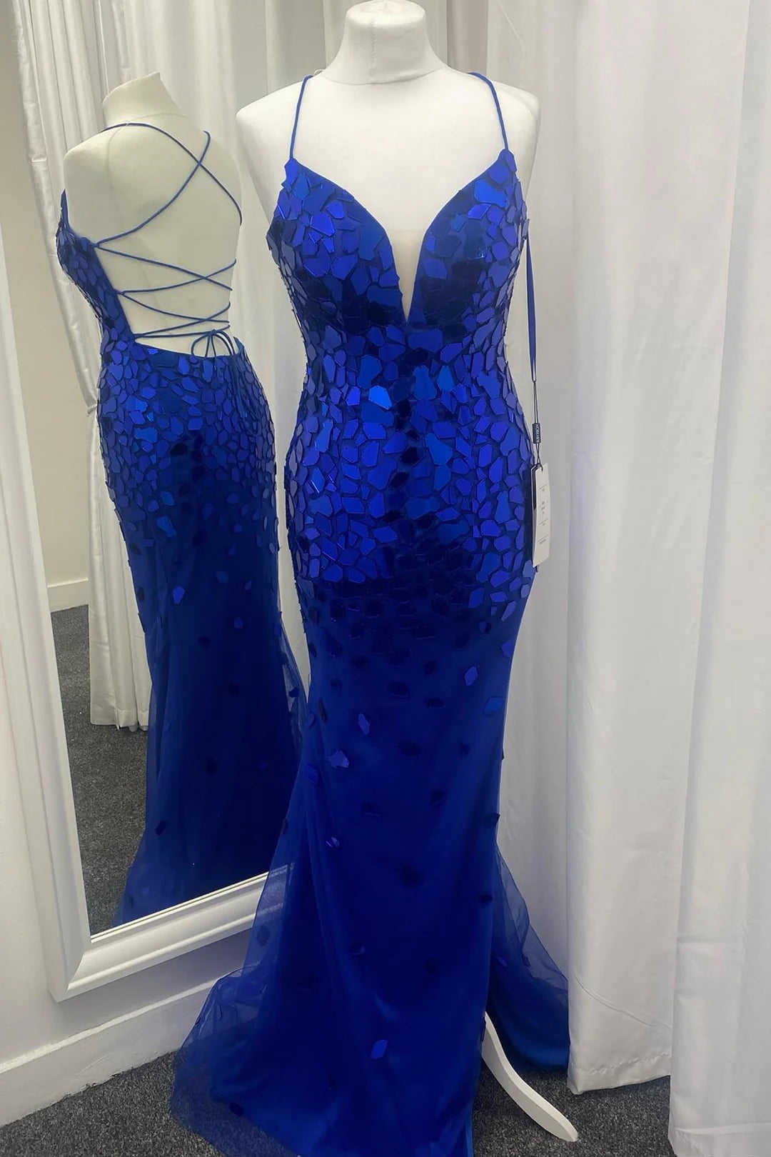Red/Blue Gorgeous Sexy Cut Glass Mirror Lace Up Slit Long Prom Dress Evening Dress Party Dress nv238