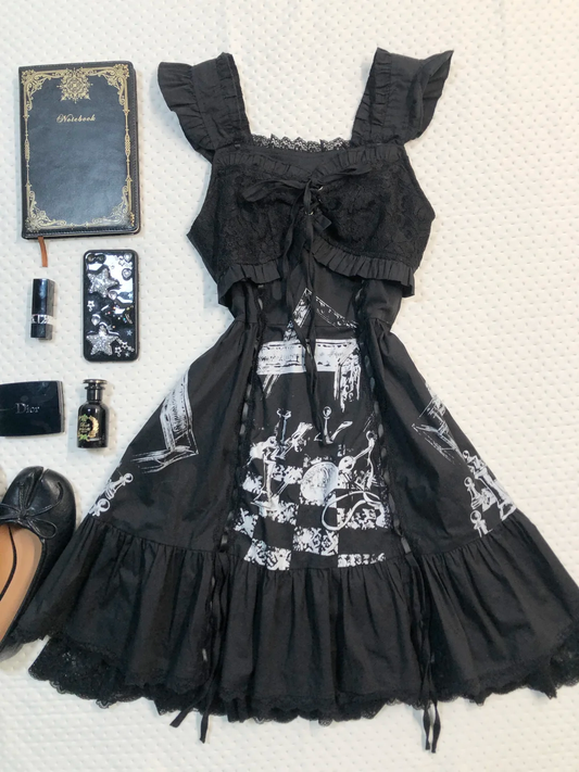 Black Chess Print Midi Homecoming Dress Ruffle Wide Strap Lace Lolita Vintage Cocktail Gown  NV6929