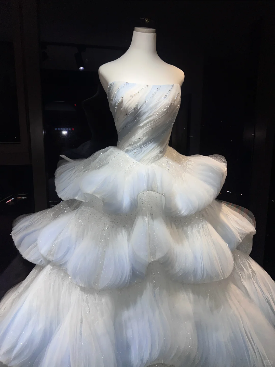 Light Blue Ombre Strapless Tulle Ball Gown, Beaded Tiered Cloud Ruffle Prom Dress  NV7085