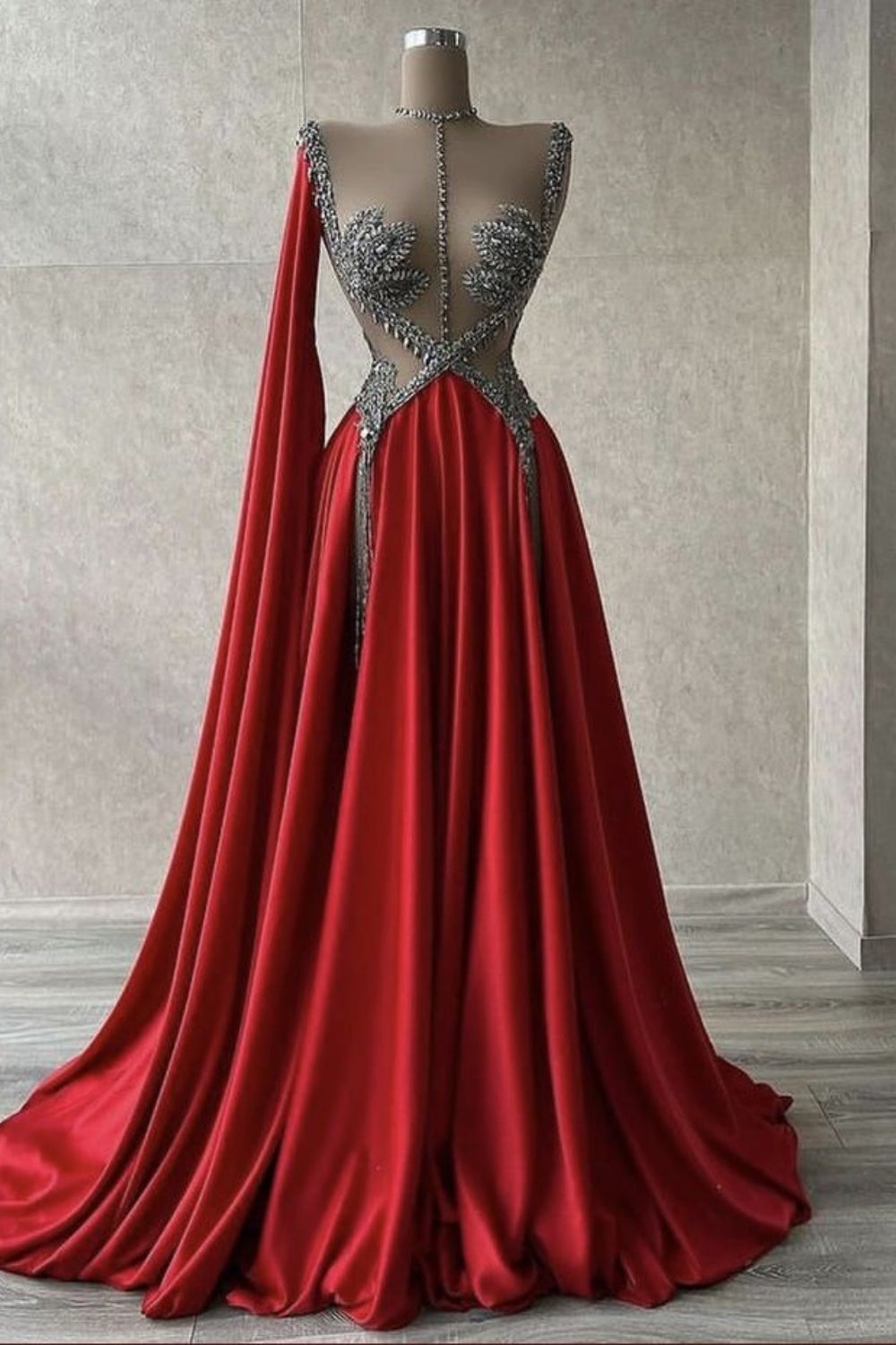 Robe de soirée longue en satin rouge, délicatement ornée de perles, NiceVestidos NV6138