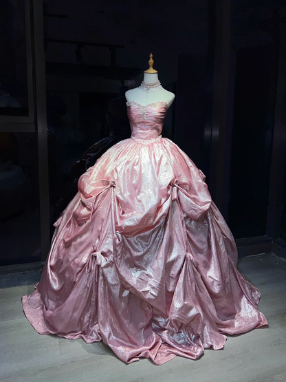 Shimmer Pink Satin Long Evening Gown Strapless Puffy Ball Gown with Bows Prom Dress  NV7066