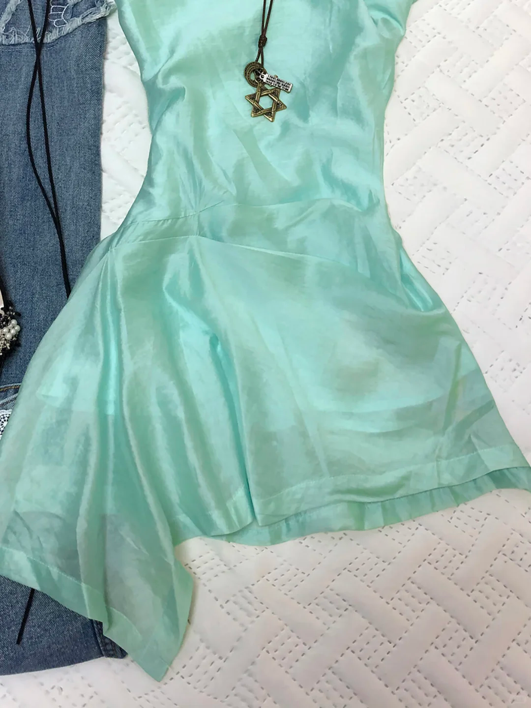 Mint Green Satin Short Homecoming Dress Round Neck Cap Sleeve A-Line Asymmetrical Hem Vintage Cocktail Gown  NV6917