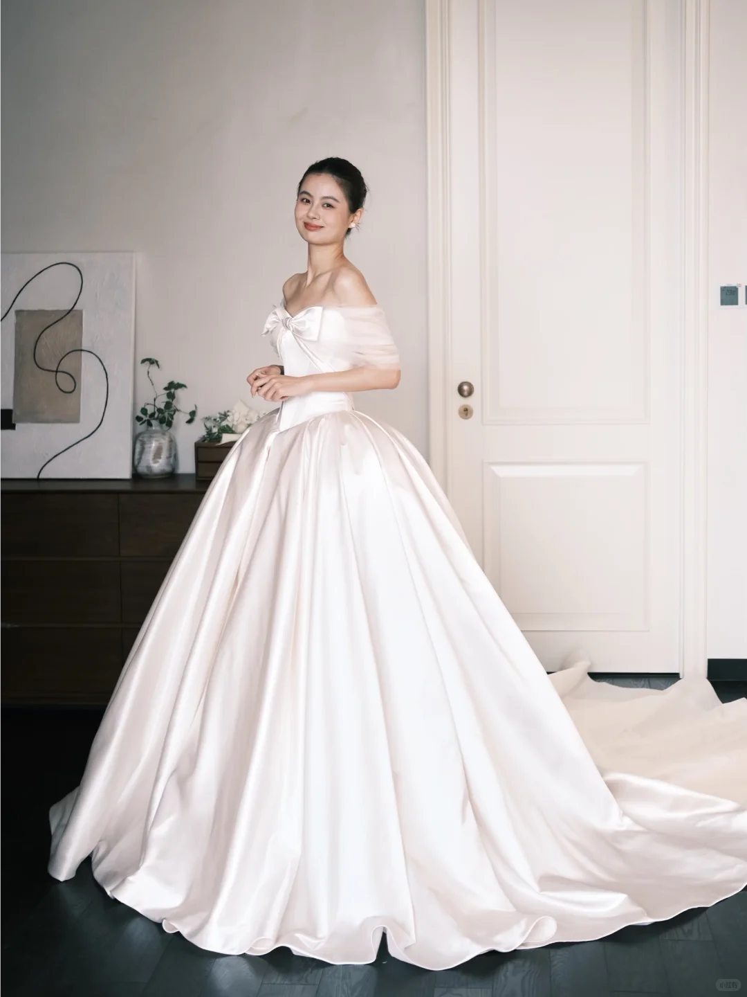 Off Shoulder Ivory Satin Wedding Gown, Tulle Sleeve Bow Corset Ballgown Bridal Dress  NV7391