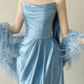 Dusty Blue Strapless Satin Evening Dress With Detachable Feather Sleeves & Rhinestones  NV7143