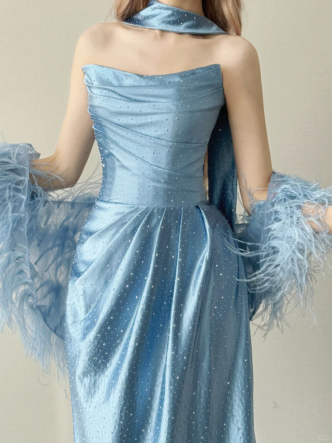 Dusty Blue Strapless Satin Evening Dress With Detachable Feather Sleeves & Rhinestones  NV7143