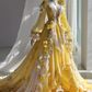 Bright Yellow 3D Floral Lace Ball Gown with Puff Sleeve and Long Train  NV7485