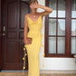 Yellow tassel satin elegant long spaghetti strap prom dress wedding guest dress nv5201