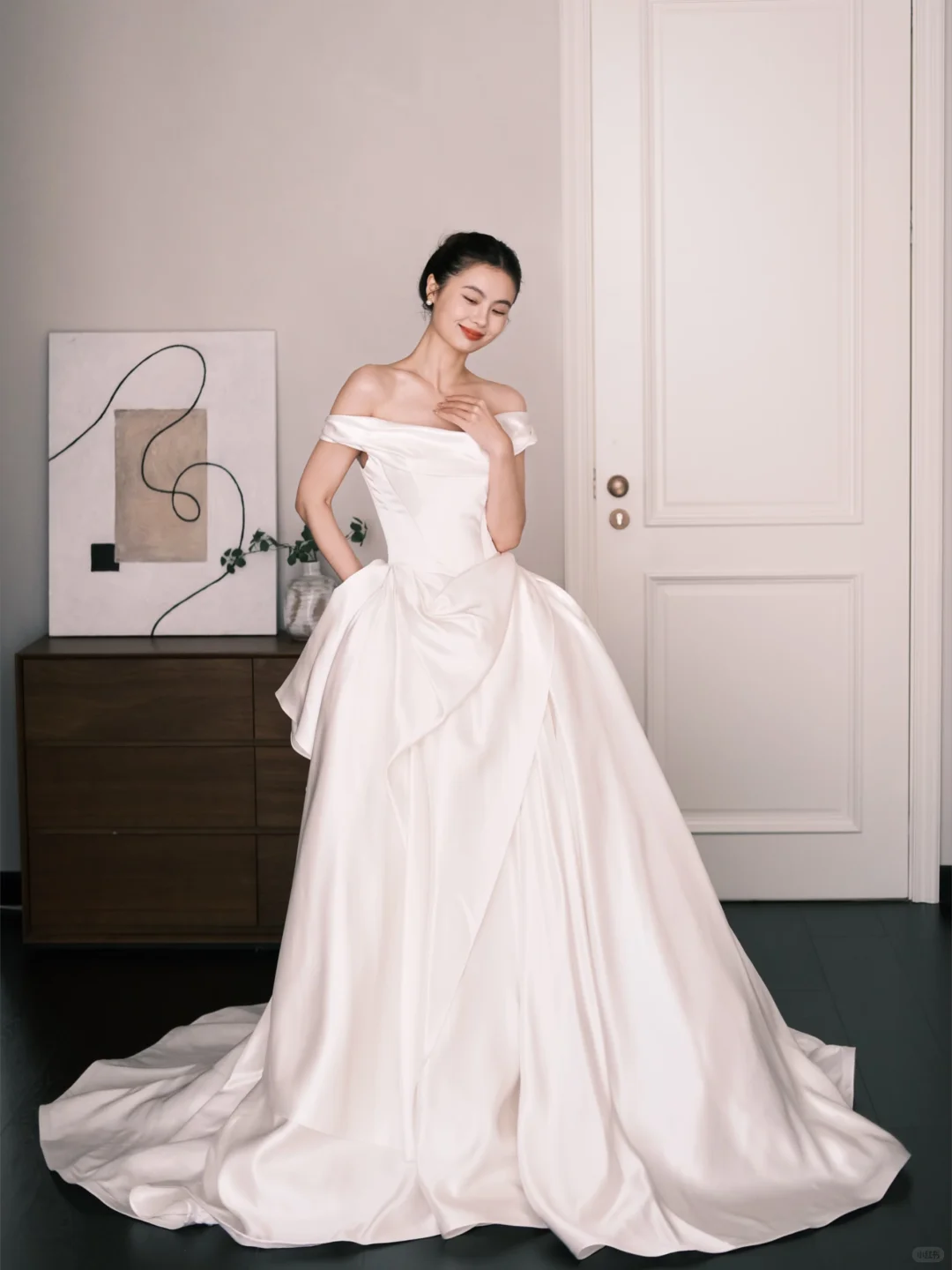 White Off The Shoulder Satin Ball Gown Wedding Dress  NV7228