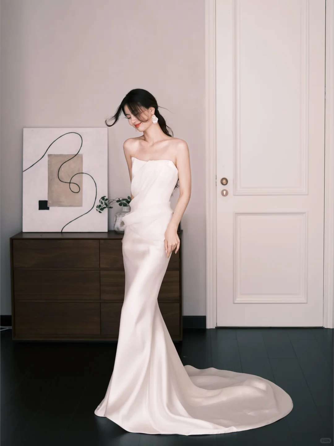 Strapless Satin Mermaid Bridal Gown, Ruched Bodice Minimalist Wedding Dress  NV7257