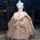 Strapless Blush Pink Princess Ball Gown 3D Flowers Ruffled Satin Tiered Tulle Pearl Chain Long Prom Wedding Dress  NV6975