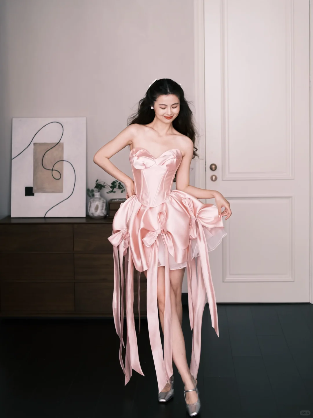 Sweetheart Pink Satin Short Bow Cocktail Dress  NV7277