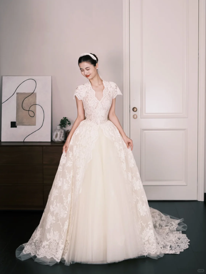 V Neck Cap Sleeve Lace Ballgown Wedding Dress, Ivory Vintage Bridal Gown  NV7288