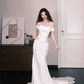 Off Shoulder Lace Trim Satin Mermaid Bridal Gown, Elegant Wedding Dress  NV7336