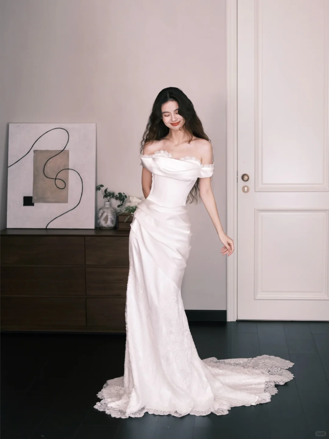 Off Shoulder Lace Trim Satin Mermaid Bridal Gown, Elegant Wedding Dress  NV7336