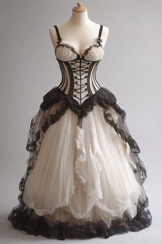 Robe longue gothique en tulle noir et blanc contrasté, corset à fines bretelles et dentelle, NV6207