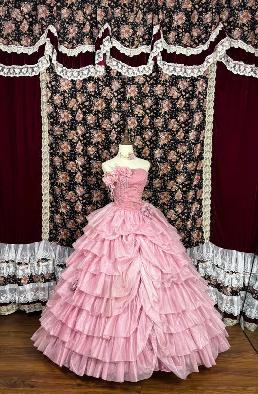 Pink floral beaded long tulle ball gown evening dress quinceanera dress nv4646