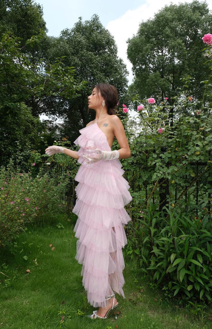 Pink sweet backless long tulle ball gown evening dress nv1353