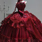 Robe rouge style palais rétro : tissu satiné, jupe à plusieurs volants, robe de soirée NV6436