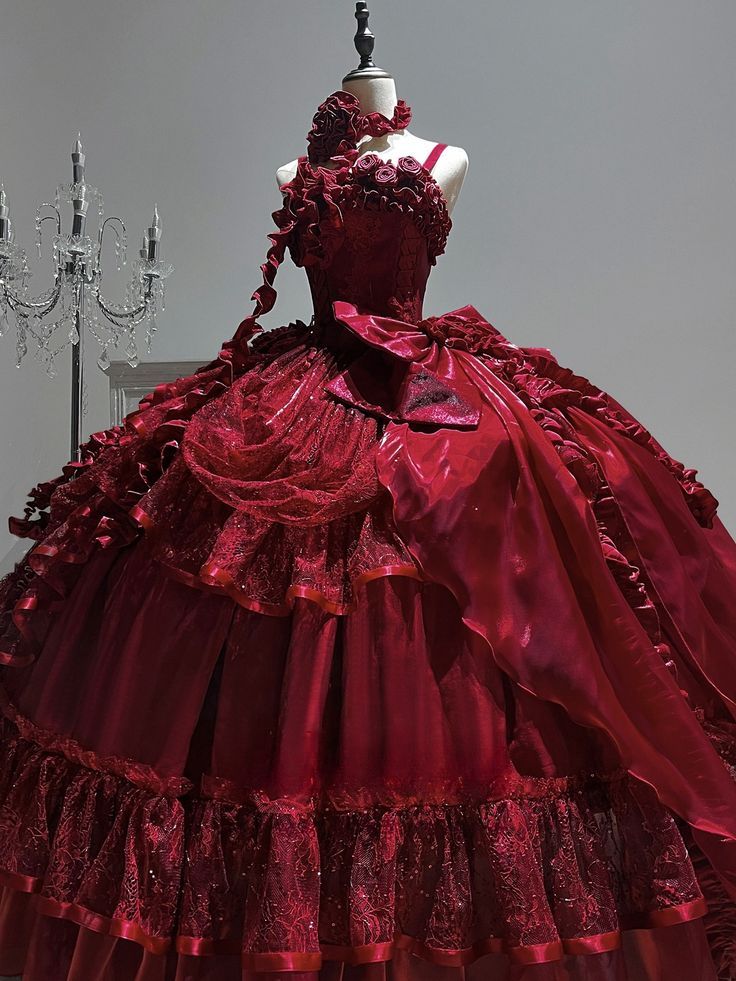 Robe rouge style palais rétro : tissu satiné, jupe à plusieurs volants, robe de soirée NV6436