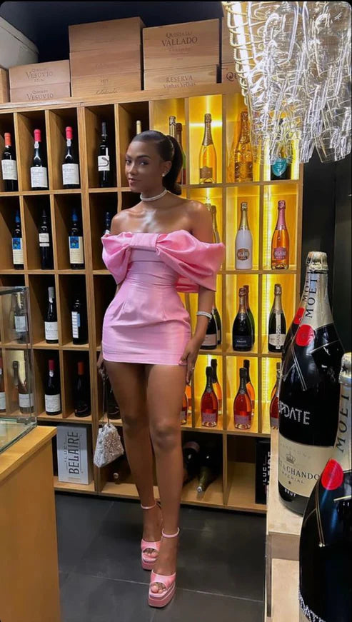 Fashion Pink Off Shoulder Bow Homecoming Dress Short Homecoming Dress Prom Dress Evening Dress nv1853