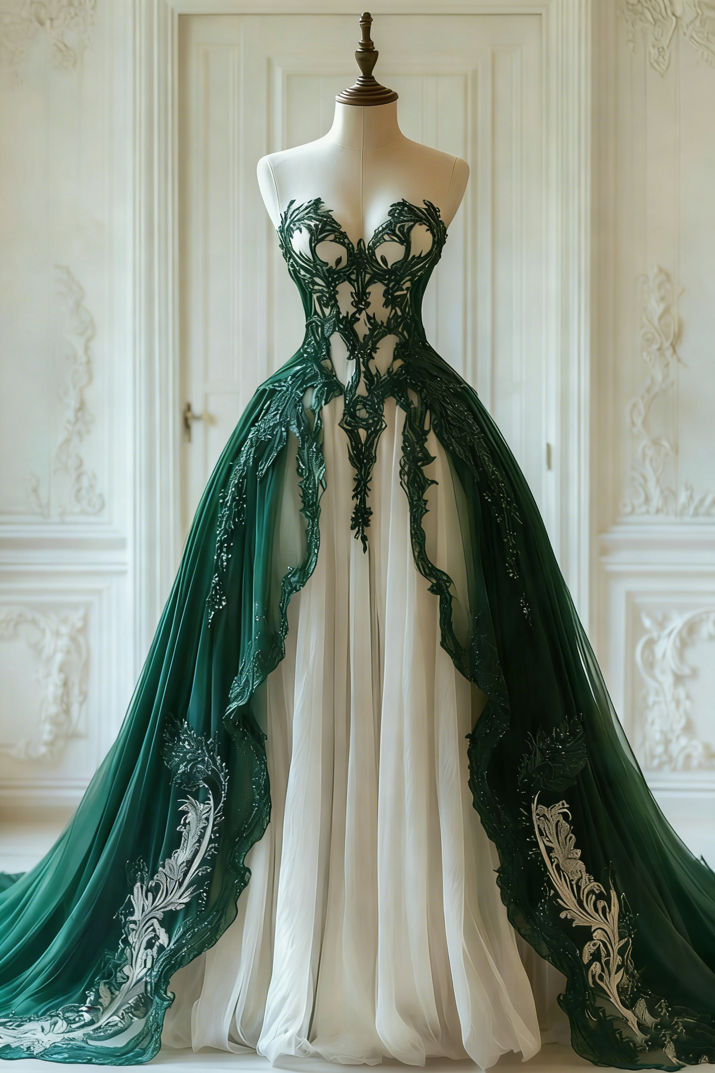 Robe gothique longue en tulle et dentelle noire et blanche à empiècements et manches papillon, modèle NV6172