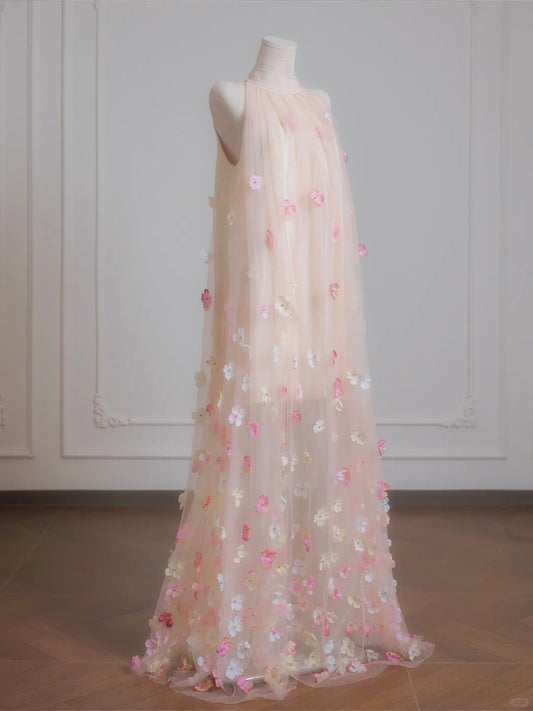 Pink Floral Elegant Long Tulle Prom Dress Evening Dress Party Dress nv4955