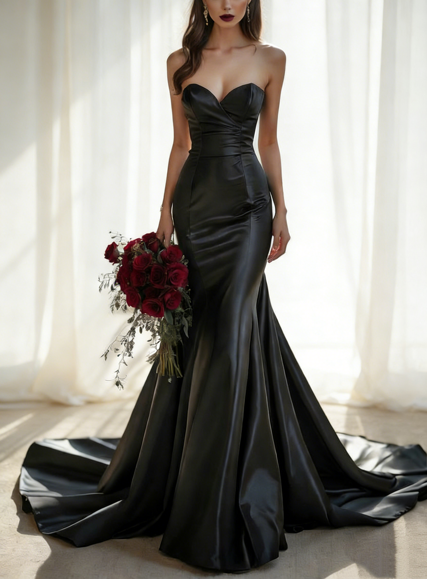 Robe de soirée sirène en satin noir haute couture, bustier et traîne, modèle NV6758