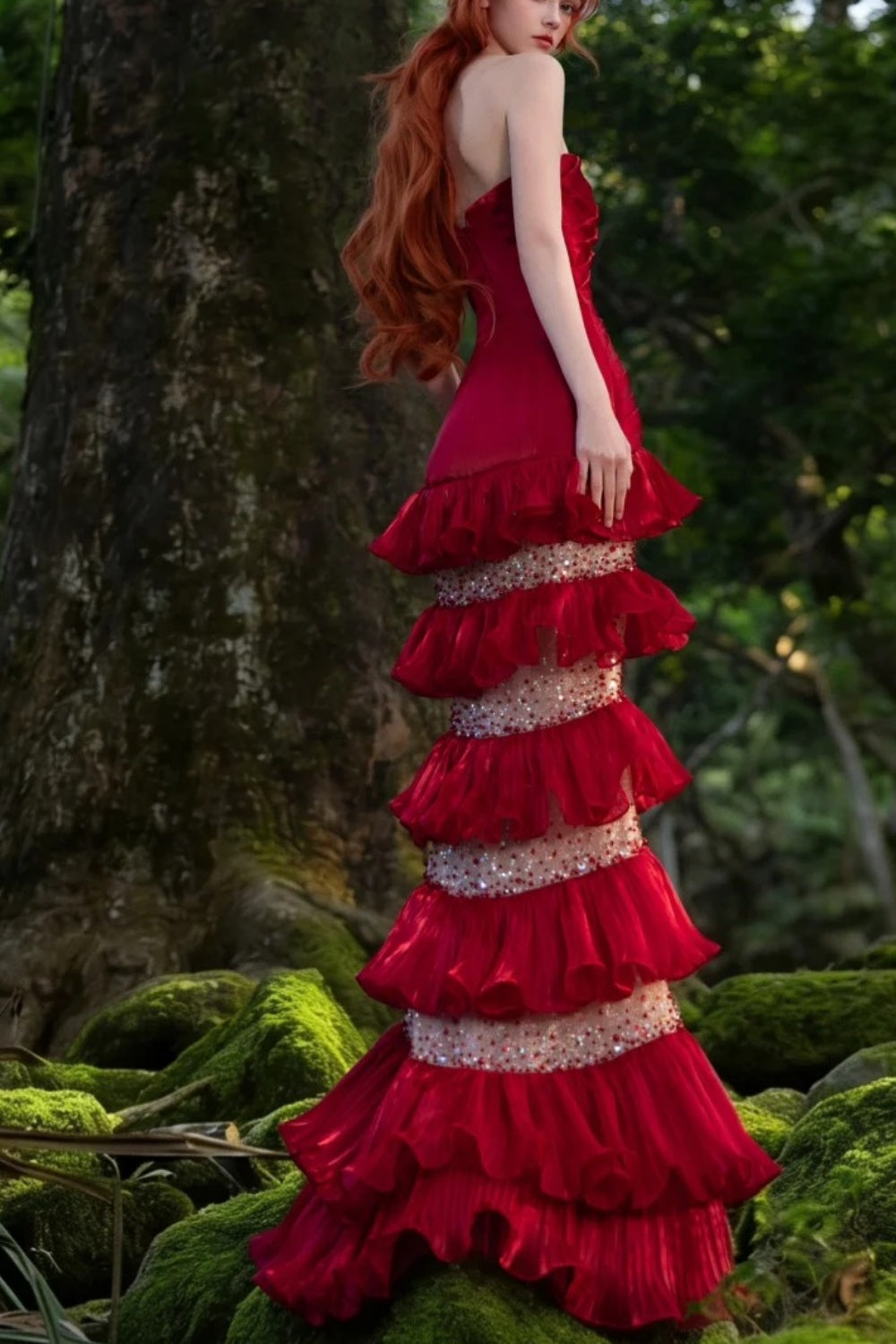 Robe de soirée longue rouge somptueuse en satin brillant, style rétro élégant NV6740