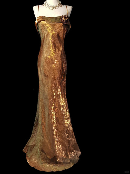 Golden green gorgeous fashionable elegant dark pattern long spaghetti straps satin mermaid tail prom dress evening dress birthday party dress prom dress nv3968