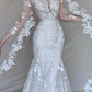 White gorgeous elegant exquisite lace long tulle mermaid fishtail floor-length tail ball gown evening dress wedding dress nv4054