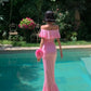 Robe sirène rose dégradée à volants : décolleté en V épaules dénudées, coupe ajustée, style romantique français NV6401