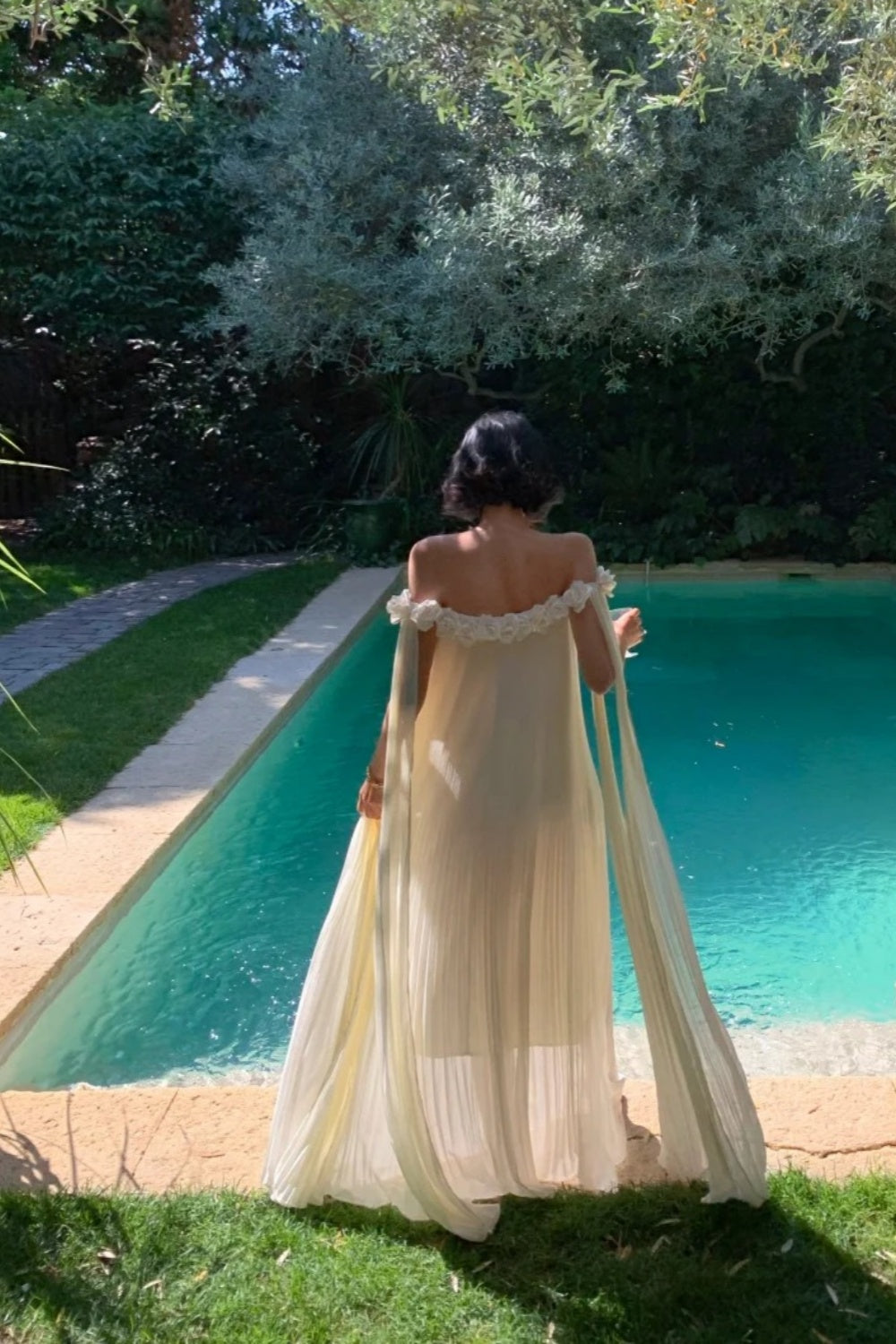 Robe de soirée française à fleurs 3D, épaules dénudées : mousseline plissée, ceinture dos nu, robe style station thermale féerique NV6402