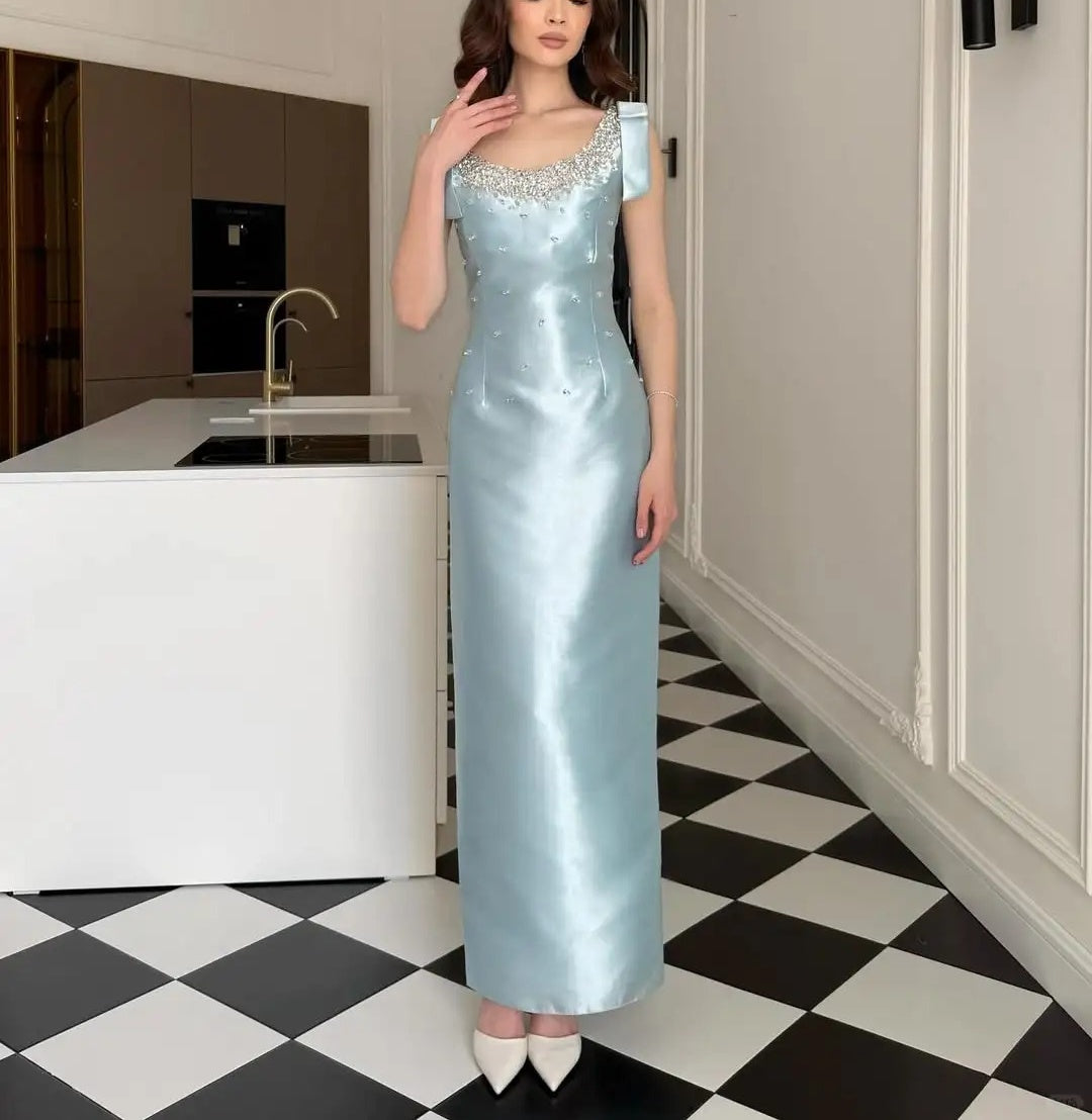 Light Blue Exquisite Beading Long Satin Ball Gown Evening Dress Party Dress nv4170