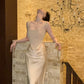 Square Neck Boned Corset Champagne Satin Mermaid Gown Draped Formal Evening Dress  NV6881