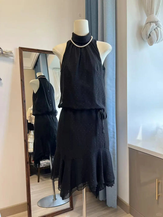 Black suspender vintage short chiffon homecoming dress birthday party dress nv5102