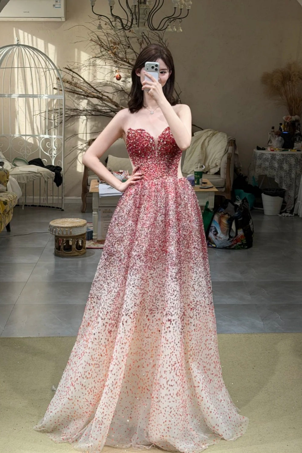 Robe de bal longue sans manches, style dégradé féérique | Robe de bal maxi en tulle à sequins rose poudré pour gala, fiançailles ou soirée de luxe NV6272