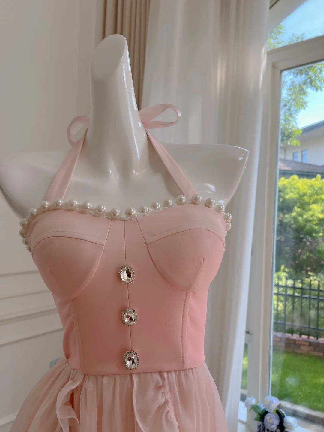 Pink Beaded Halter Elegant Long Ruffle Chiffon Ball Gown Evening Dress Party Dress nv4186