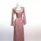 Robe longue en satin et cristaux à manches évasées - Robe élégante cintrée à col carré NV6796