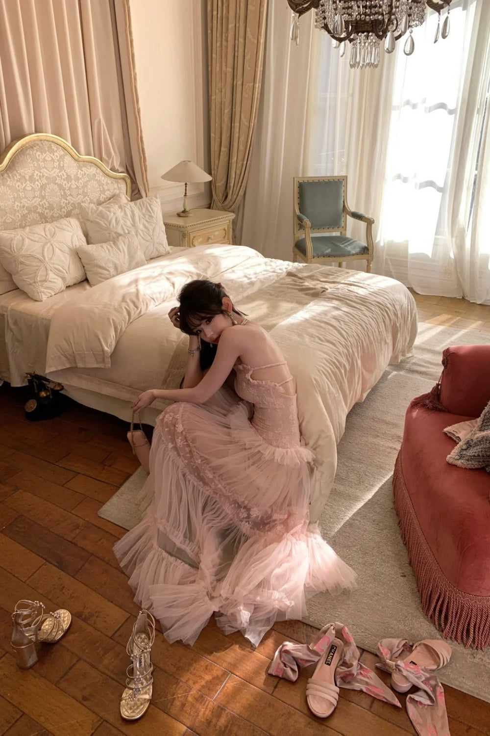 Robe de soirée longue en mousseline rose NV6745