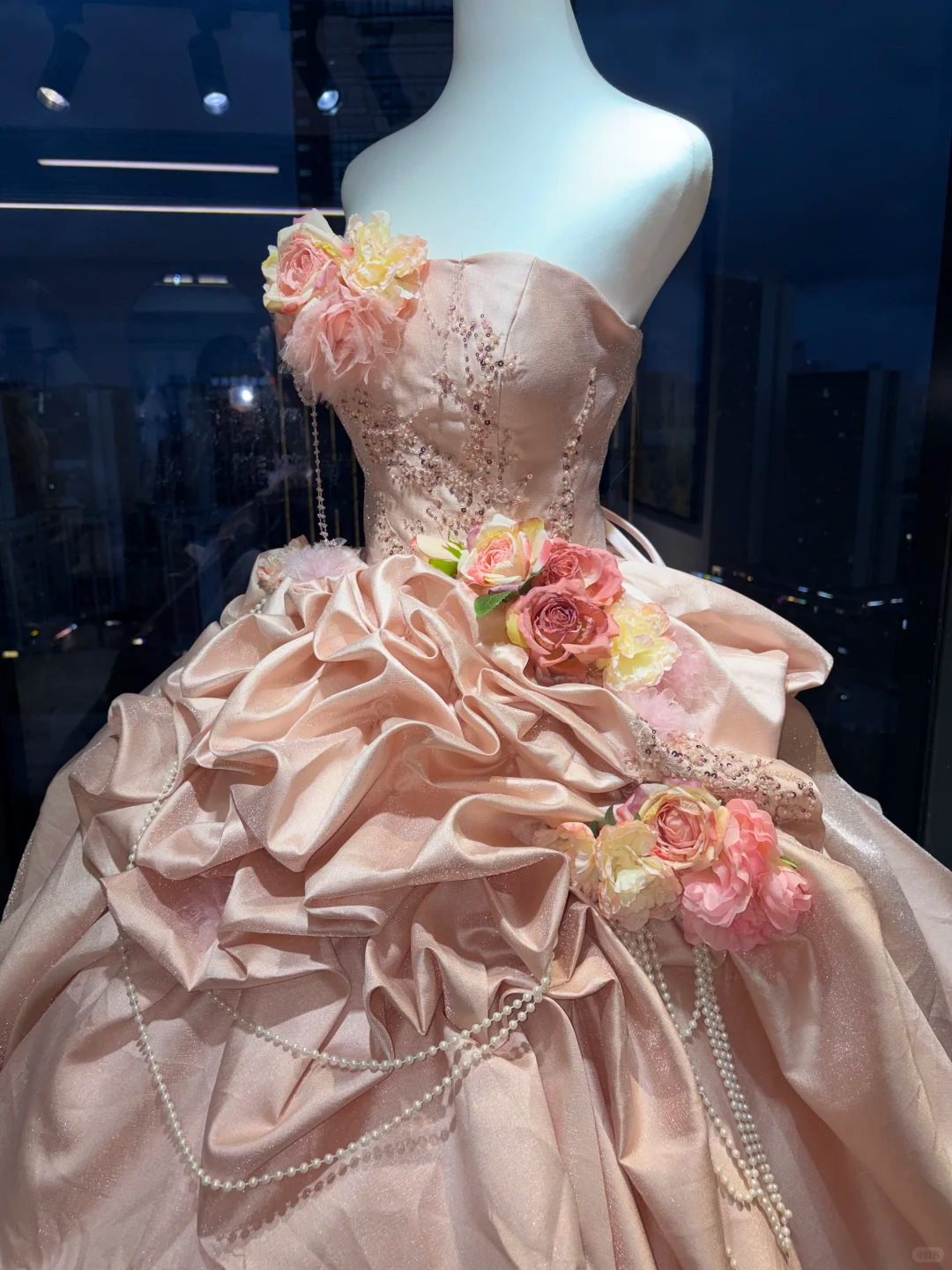 Strapless Blush Pink Princess Ball Gown 3D Flowers Ruffled Satin Tiered Tulle Pearl Chain Long Prom Wedding Dress  NV6975
