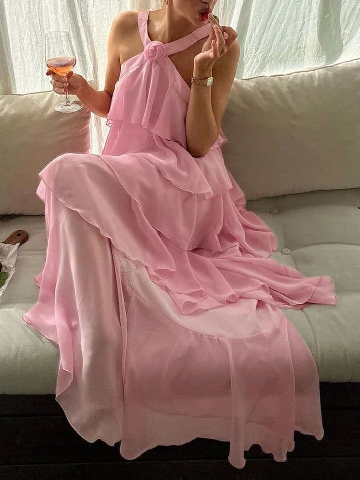 Pink Fashion Sweet Cute Long Tiered Ruffle Chiffon Floor Length Ball Gown Evening Dress Party Dress Prom Dress 22nd Birthday Suit nv3904