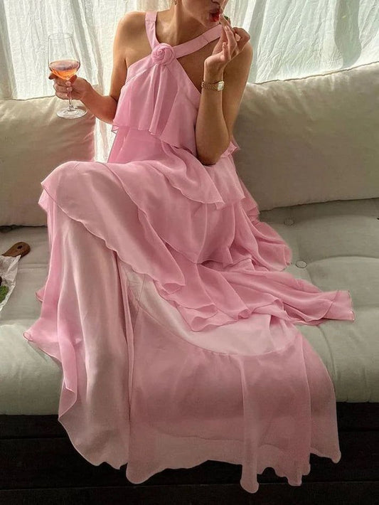 Pink Fashion Sweet Cute Long Tiered Ruffle Chiffon Floor Length Ball Gown Evening Dress Party Dress Prom Dress 22nd Birthday Suit nv3904