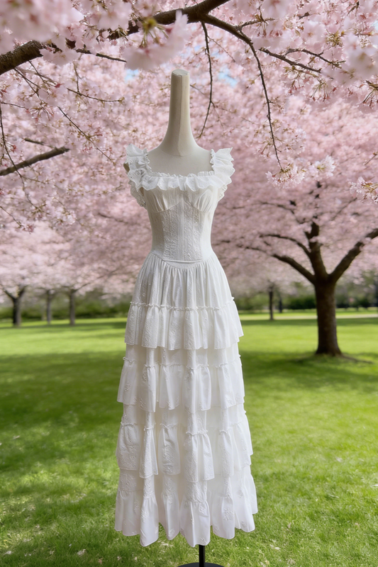 Robe longue trapèze multicouches en dentelle blanche à manches papillon - Style délicat, idéale pour un rendez-vous ou un thé de l'après-midi NV6784