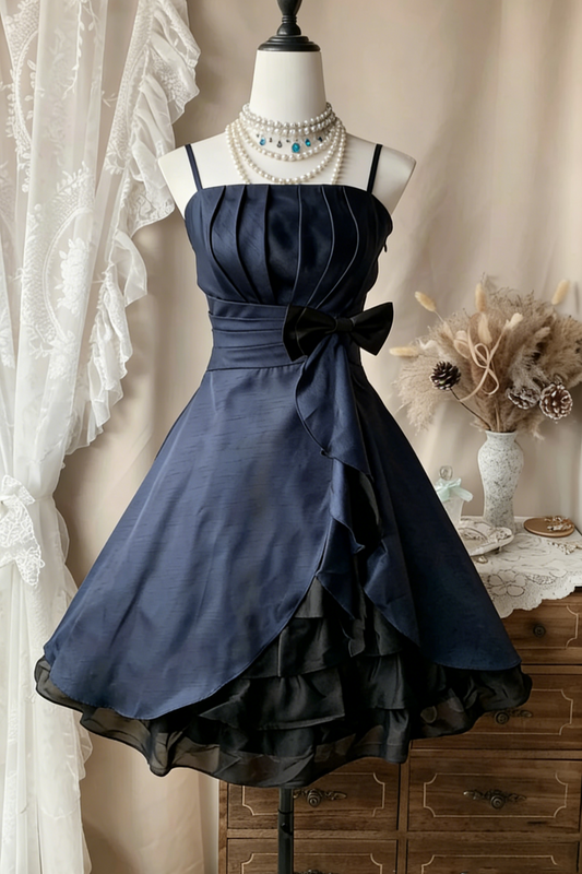 Navy Blue Bow Cocktail Dress - Ruffled A-Line Evening Gown NV6874