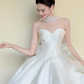 White Sweetheart Satin Ballgown Wedding Dress, Floral Embroidery Tulle Cape Bridal Gown  NV7440